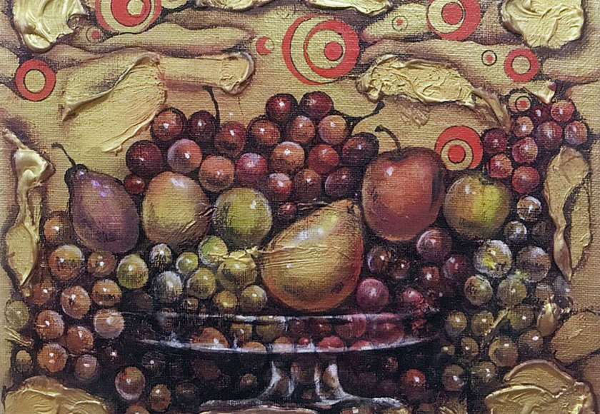 額付き (白）油絵 uF6-061904 静物（果物と器） - 絵画/タペストリ